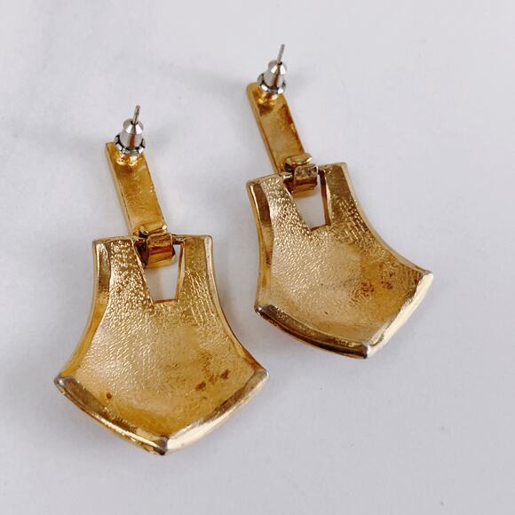 VTG 1980s Marbled Pink Enamel Geometric Statement Earrings Gold Tone Hinged - Picture 10 of 10